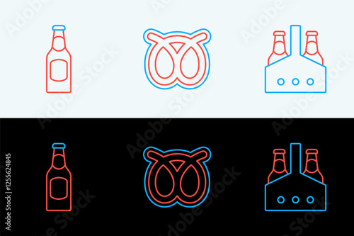 Set line Pack of beer bottles, Beer and Pretzel icon. Vector