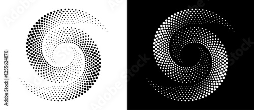 Circle abstract background with dynamic halftone dots in spiral. Yin and yang style. Black shape on a white background and the same white shape on the black side.