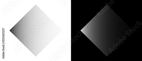 Modern geometric abstract illustration with rhombus composed of many small rhombuses. Halftone design effect. Black shape on a white background and the same white shape on the black side.