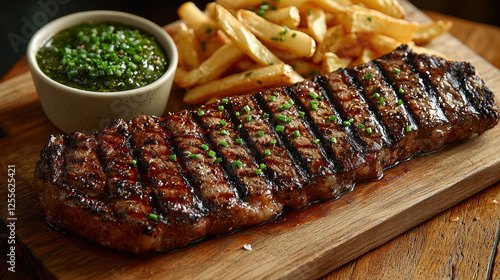 Grilled steak with fries and chimichurri sauce on wooden board