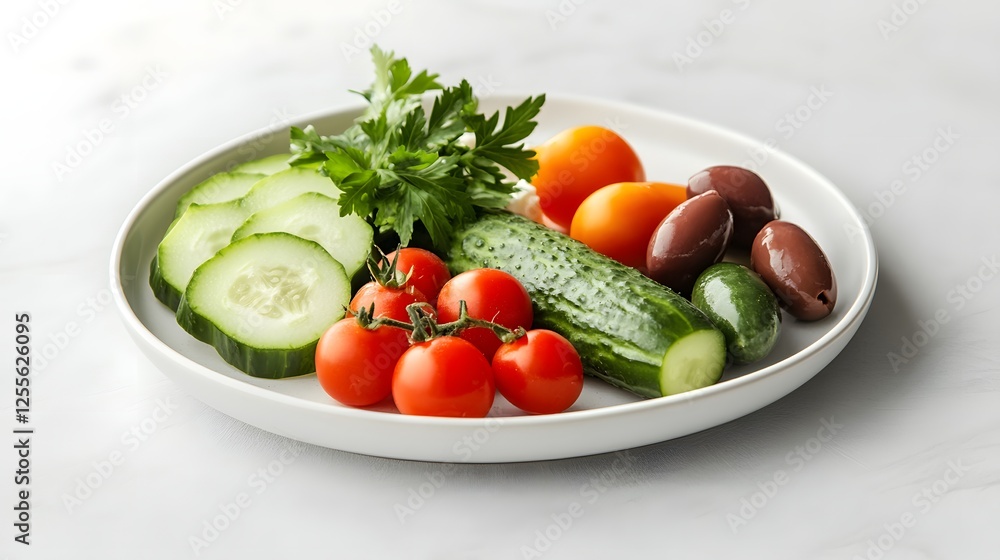 Stylish photorealistic image of fresh cucumbers, cherry tomatoes, and herbs on a wooden table, perfect for food styling and healthy living ideas Stylish photorealistic image of fresh cucumbers, cherry tomatoes, and herbs on a wooden table, perfect for food styling and healthy living ideas