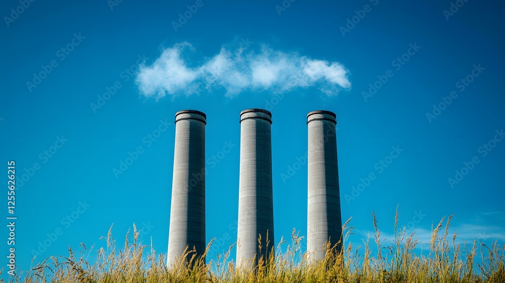 Industrial landscape showcases three tall concrete smokestacks against vibrant blue sky, creating minimal composition with wild grass foreground in bright summer daylight setting. Industrial landscape showcases three tall concrete smokestacks against vibrant blue sky, creating minimal composition with wild grass foreground in bright summer daylight setting.