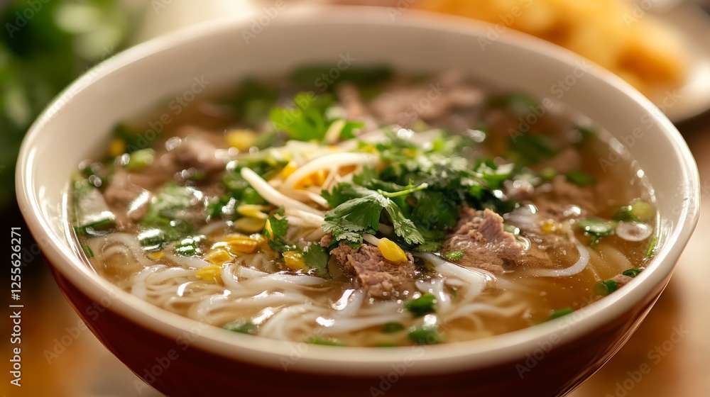 Close-up of rice and Vietnamese pho with beef and herbs in a traditional Vietnamese bowl, emphasizing fragrant and flavorful qualities. Ideal for Vietnamese cuisine and comforting soups. Close-up of rice and Vietnamese pho with beef and herbs in a traditional Vietnamese bowl, emphasizing fragrant and flavorful qualities. Ideal for Vietnamese cuisine and comforting soups.