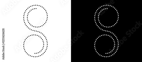 Spiral as halftone dotted abstract infinity symbol. Black shape S letter on a white background and the same white shape on the black side.