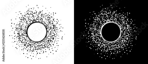Modern abstract background. Random dots around circle with copy space. Vector dotted frame. Design element or icon. Black shape on a white background and the same white shape on the black side.