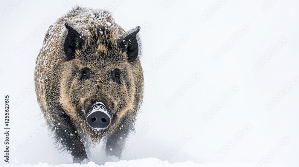 Wild boar running through deep snow in winter. Wild boar running through deep snow in winter.