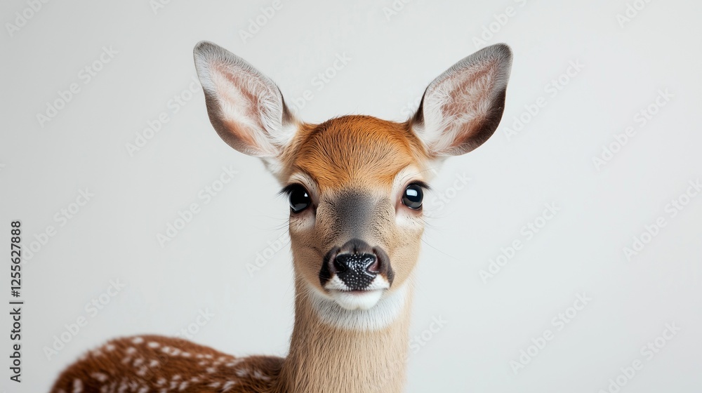 Fototapeta premium Young fawn with spotted fur against neutral background.