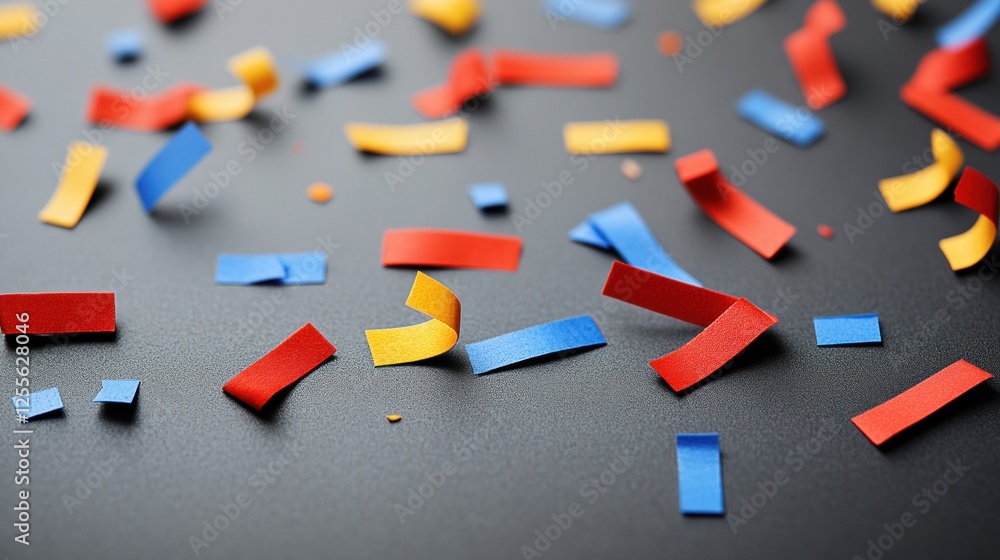 Colorful Confetti Pieces Scattered on a Black Surface Creating a Festive Atmosphere Colorful Confetti Pieces Scattered on a Black Surface Creating a Festive Atmosphere