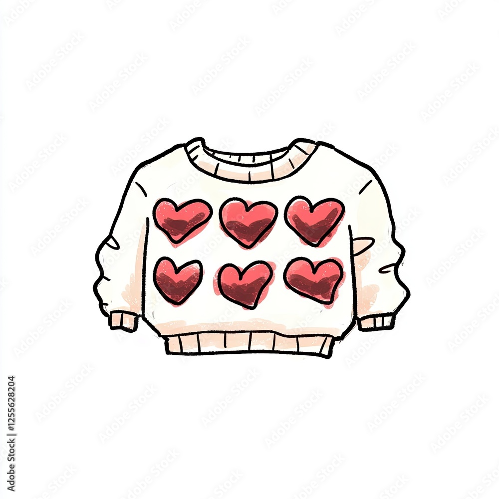 Adorable Hand-Drawn Illustration of a Cream Sweater with Red Hearts Adorable Hand-Drawn Illustration of a Cream Sweater with Red Hearts
