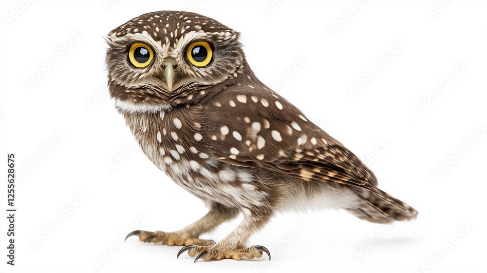 Obraz premium Small owl standing on white background with bright yellow eyes