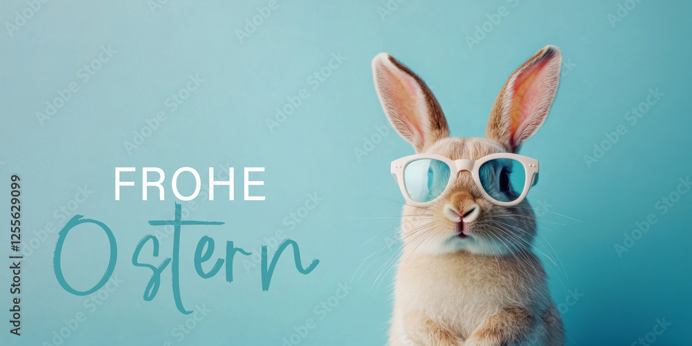 Obraz premium Frohe Ostern Konzept Feiertag Grußkarte mit deutschem Text - Süßer Osterhase, Kaninchen mit Sonnenbrille, isoliert auf blauem Hintergrund..
