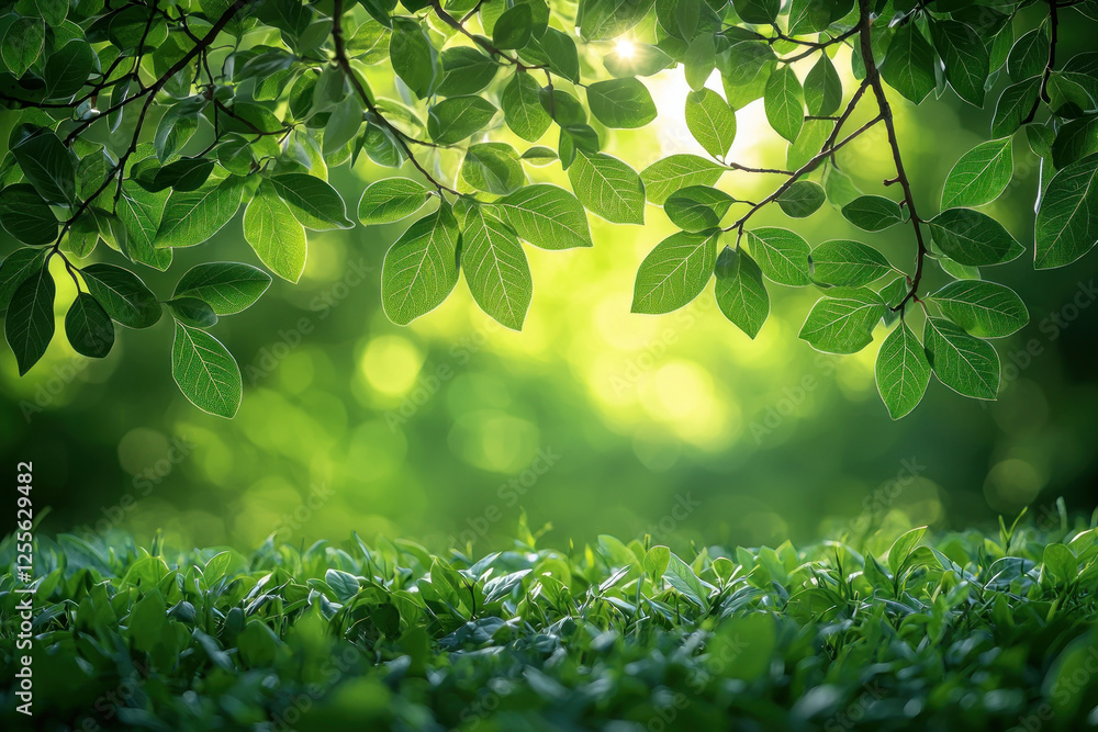 Obraz premium Sunlit leaves frame lush green foliage, ideal for nature backgrounds