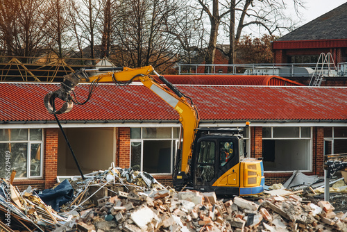 Obraz na plátne Construction equipment demolishing a brick building at a construction site durin