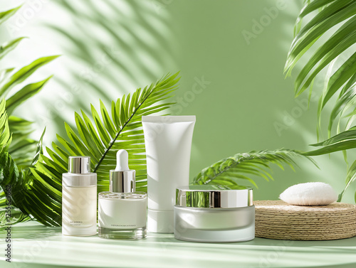Organic skin care and spa concept with green palm leaves.