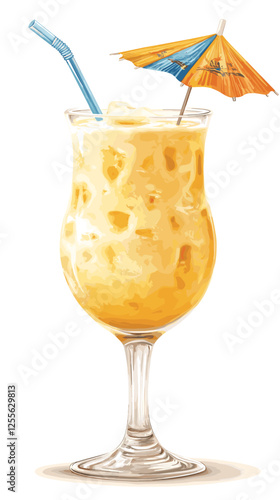 Pina Colada cocktail with pineapple slice, straw and umbrella. A glass of alcoholic drink isolated on white background. Vector illustration