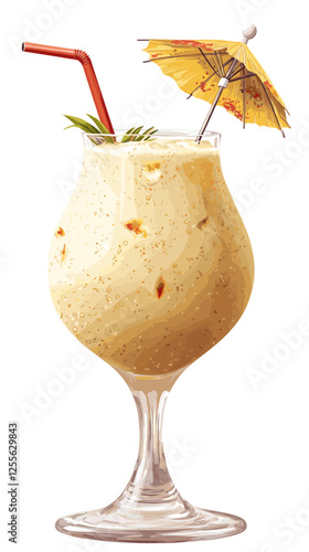 Pina Colada cocktail with pineapple slice, straw and umbrella. A glass of alcoholic drink isolated on white background. Vector illustration