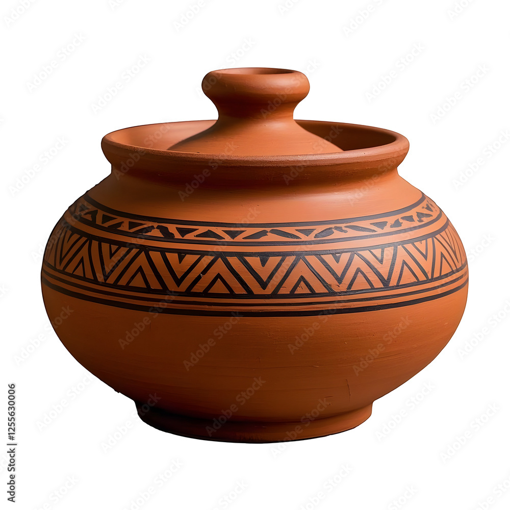 A clay pot  deffeent color with tribal patterns, used for cooking 