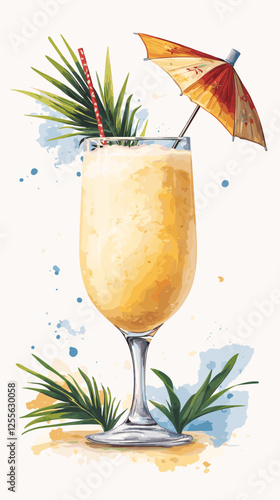 Pina Colada cocktail with pineapple slice, straw and umbrella. A glass of alcoholic drink isolated on white background. Vector illustration