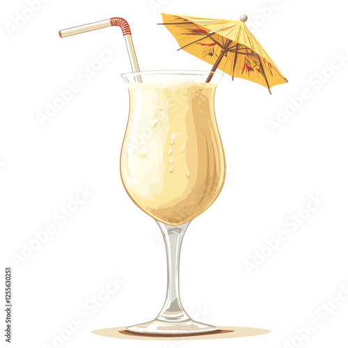 Pina Colada cocktail with pineapple slice, straw and umbrella. A glass of alcoholic drink isolated on white background. Vector illustration