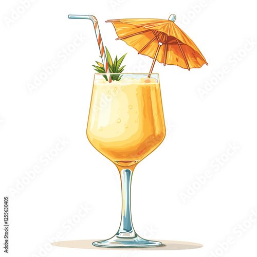 Pina Colada cocktail with pineapple slice, straw and umbrella. A glass of alcoholic drink isolated on white background. Vector illustration