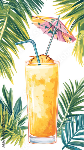Pina Colada cocktail with pineapple slice, straw and umbrella. A glass of alcoholic drink isolated on white background. Vector illustration