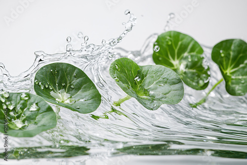 Fresh green leaves of Centella Asiatica floating on transparent water
