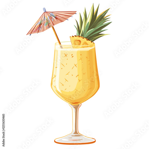 Pina Colada cocktail with pineapple slice, straw and umbrella. A glass of alcoholic drink isolated on white background. Vector illustration