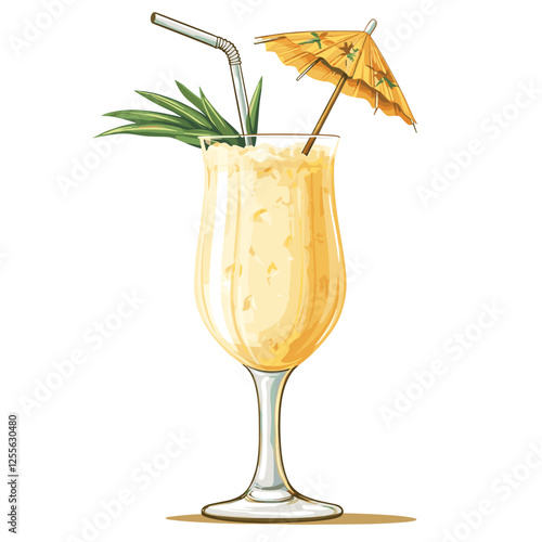Pina Colada cocktail with pineapple slice, straw and umbrella. A glass of alcoholic drink isolated on white background. Vector illustration