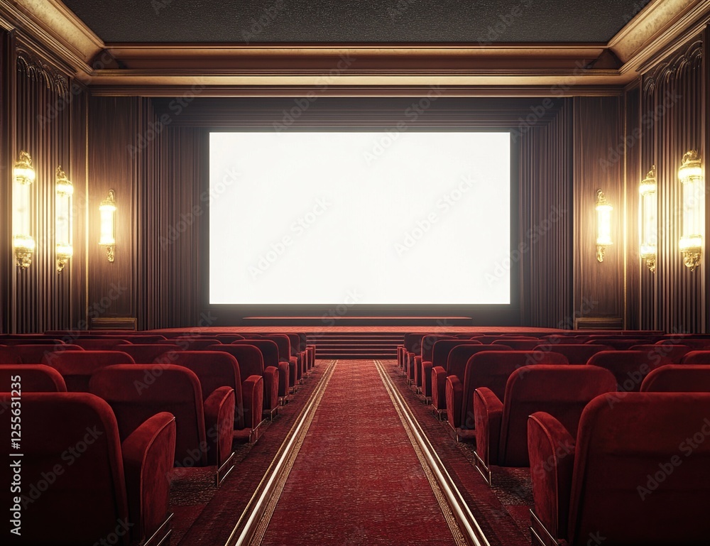 Fototapeta premium Classic Cinema Theater: Experience the Grandeur of Red Velvet Seats, a Large Screen, and Elegant Wooden Walls. Movie Magic Awaits!