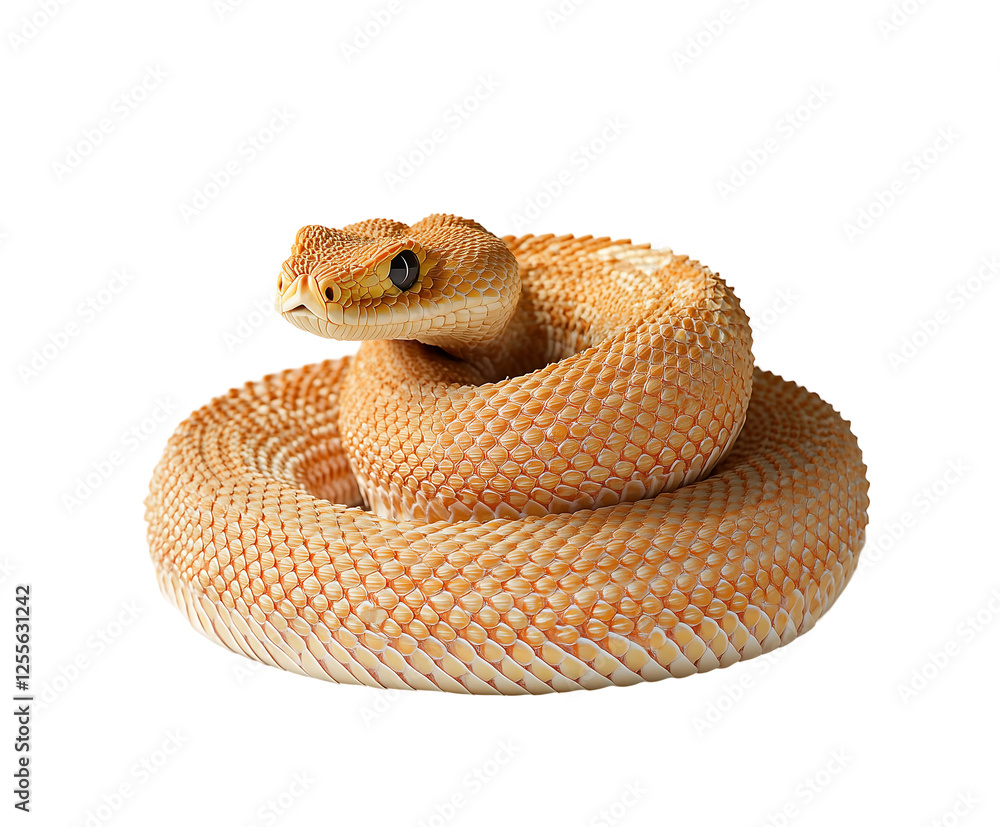 Obraz premium Close-up of a coiled orange snake showcasing its intricate scales and striking eyes. Isolated on transparent white background, png 
