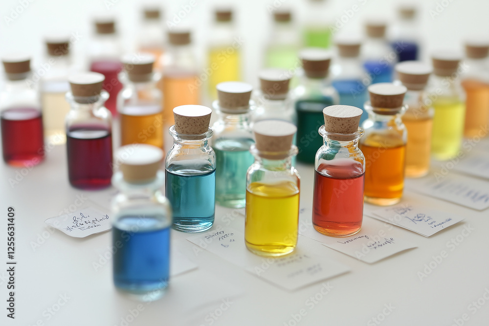 Miniature glass bottles filled with colorful liquids. Generative AI Miniature glass bottles filled with colorful liquids. Generative AI