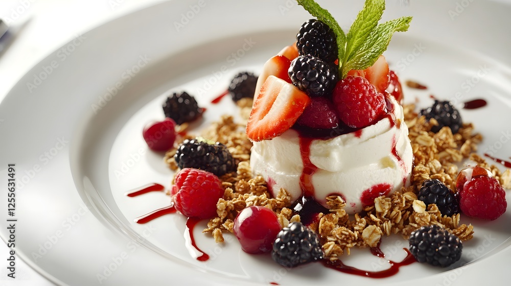 Stunning arrangement of fresh mixed berries, honey, and yogurt, showcasing a healthy and delicious breakfast or snack Stunning arrangement of fresh mixed berries, honey, and yogurt, showcasing a healthy and delicious breakfast or snack