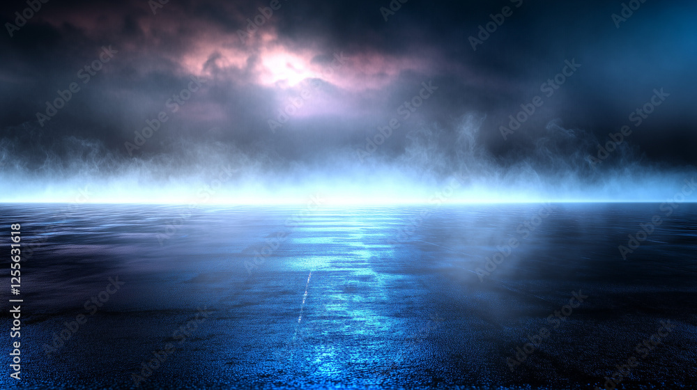 Dark empty street with wet asphalt reflecting blue neon light and smoke. Abstract night background with moody atmosphere, illuminated by fog and three-point lighting. Mysterious ocean or sea nightscap Dark empty street with wet asphalt reflecting blue neon light and smoke. Abstract night background with moody atmosphere, illuminated by fog and three-point lighting. Mysterious ocean or sea nightscap