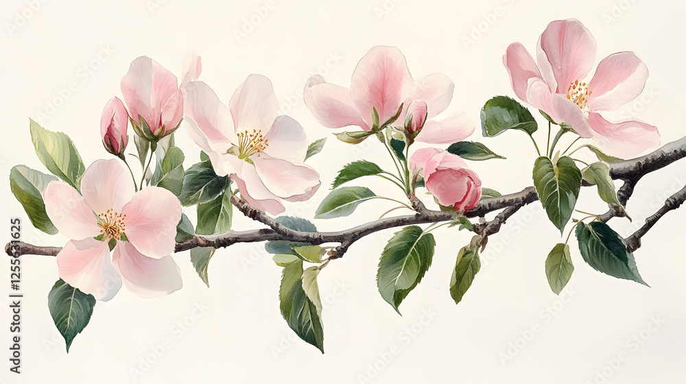 A delicate branch of pink flowers with green leaves, showcasing the beauty of nature in a soft, artistic style A delicate branch of pink flowers with green leaves, showcasing the beauty of nature in a soft, artistic style