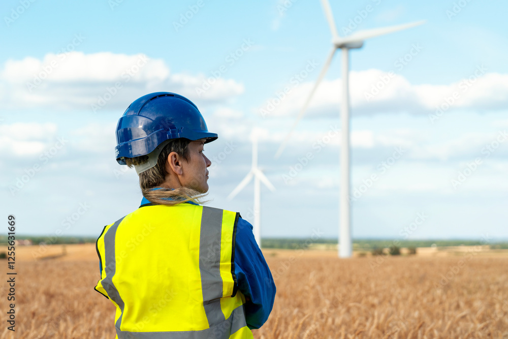 Female Worker inspects wind turbines in a farmland setting during a clear day while wearing safety gear Female Worker inspects wind turbines in a farmland setting during a clear day while wearing safety gear