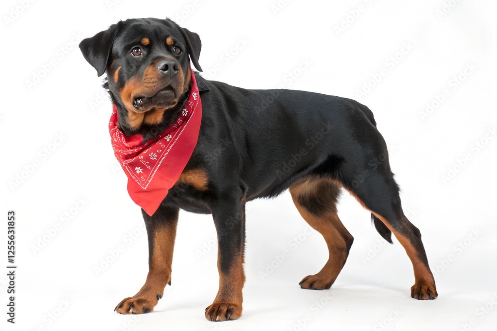 rottweiler dog wearing red bandana isolated on white rottweiler dog wearing red bandana isolated on white