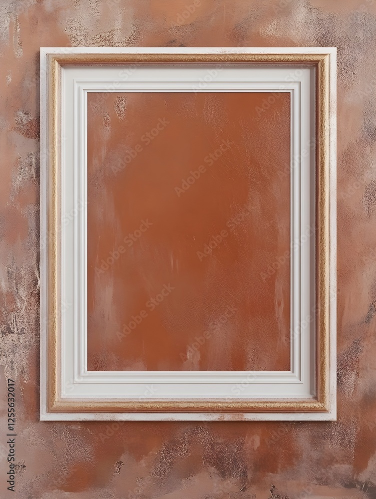 Fototapeta premium A terracotta-painted textured wall with golden decor accents and a centered white frame.