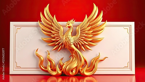 Golden Phoenix Bird Mythical Creature on Red Background