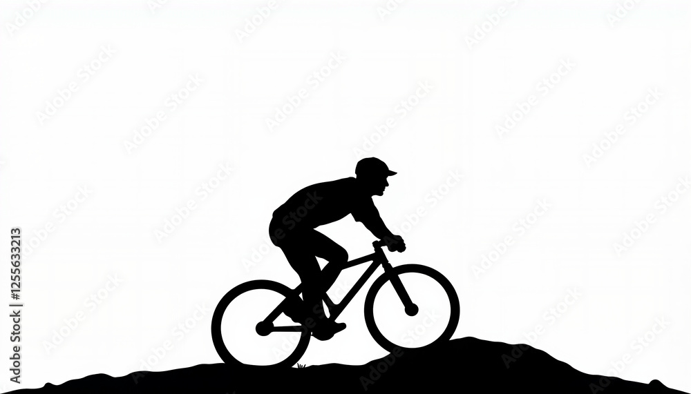 Obraz premium Cyclist silhouetted against white background, adventure and freedom