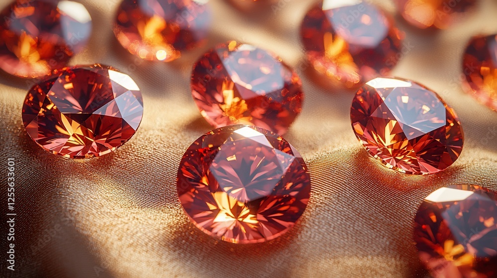 Close-up view of many round, faceted, reddish-orange gemstones, sparkling and reflecting light, on a beige fabric background. Close-up view of many round, faceted, reddish-orange gemstones, sparkling and reflecting light, on a beige fabric background.