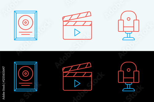 Set line Director movie chair, CD disk award in frame and Movie clapper icon. Vector