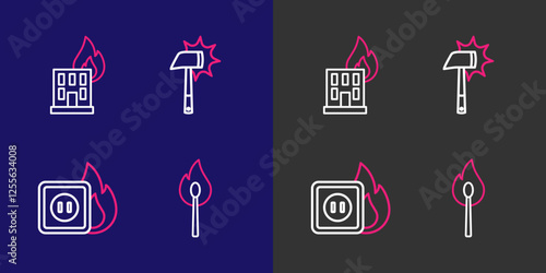 Set line Burning match with fire, Electric wiring of socket, Firefighter axe and burning building icon. Vector