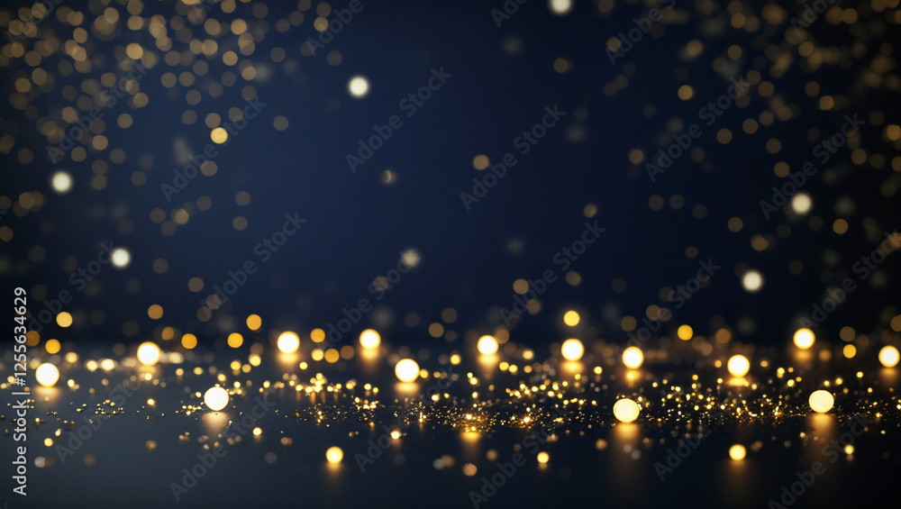 Naklejka premium Abstract dark blue and gold particle background with Christmas golden light bokeh, festive holiday concept