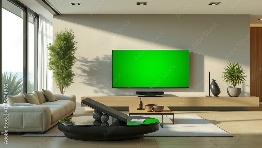Modern living room with TV and office desk setup Modern living room with TV and office desk setup