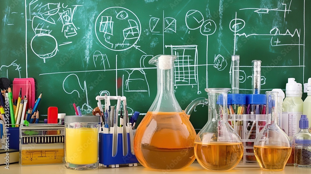 Chemistry class, school supplies, experiment, chalkboard diagrams, education Chemistry class, school supplies, experiment, chalkboard diagrams, education