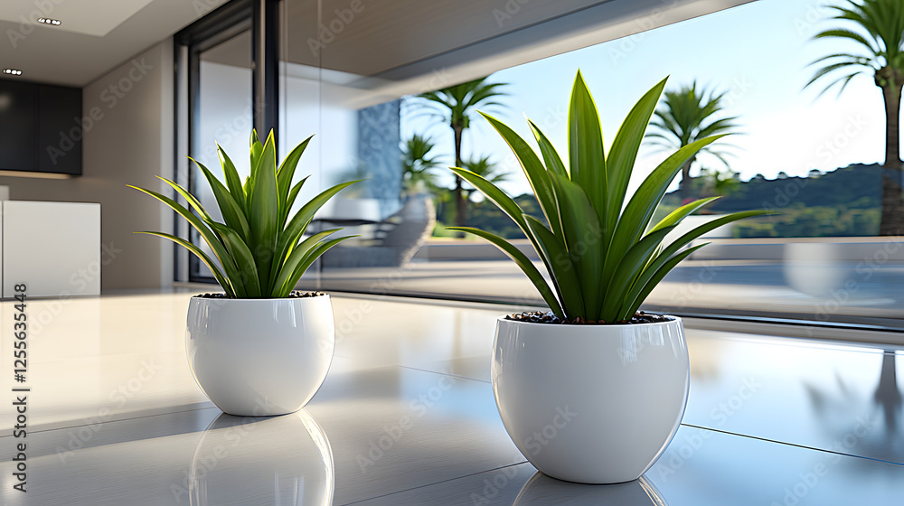 Fototapeta premium Two white planters with indoor plants displayed on a wooden surface in a modern home interior setting