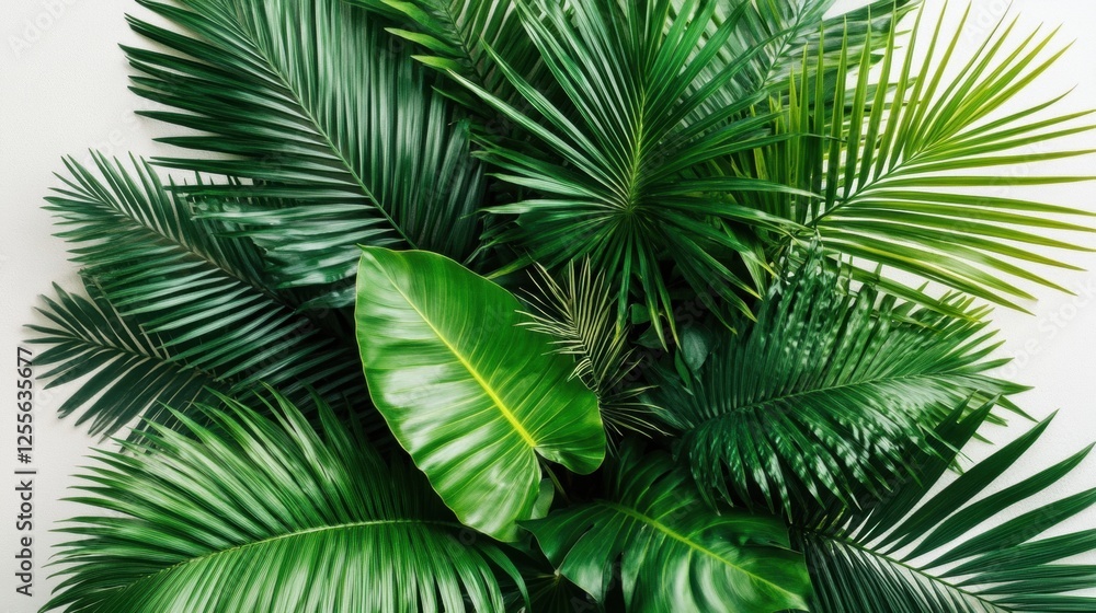 Lush Green Tropical Foliage with Varied Leaves Creating a Serene Natural Background Lush Green Tropical Foliage with Varied Leaves Creating a Serene Natural Background