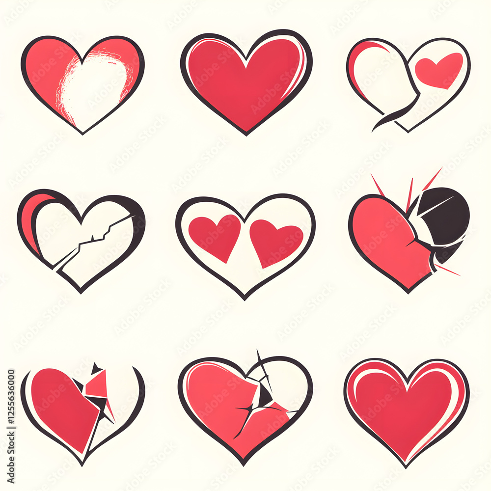 Flat vector hearts illustrating diverse styles and clean edges Flat vector hearts illustrating diverse styles and clean edges
