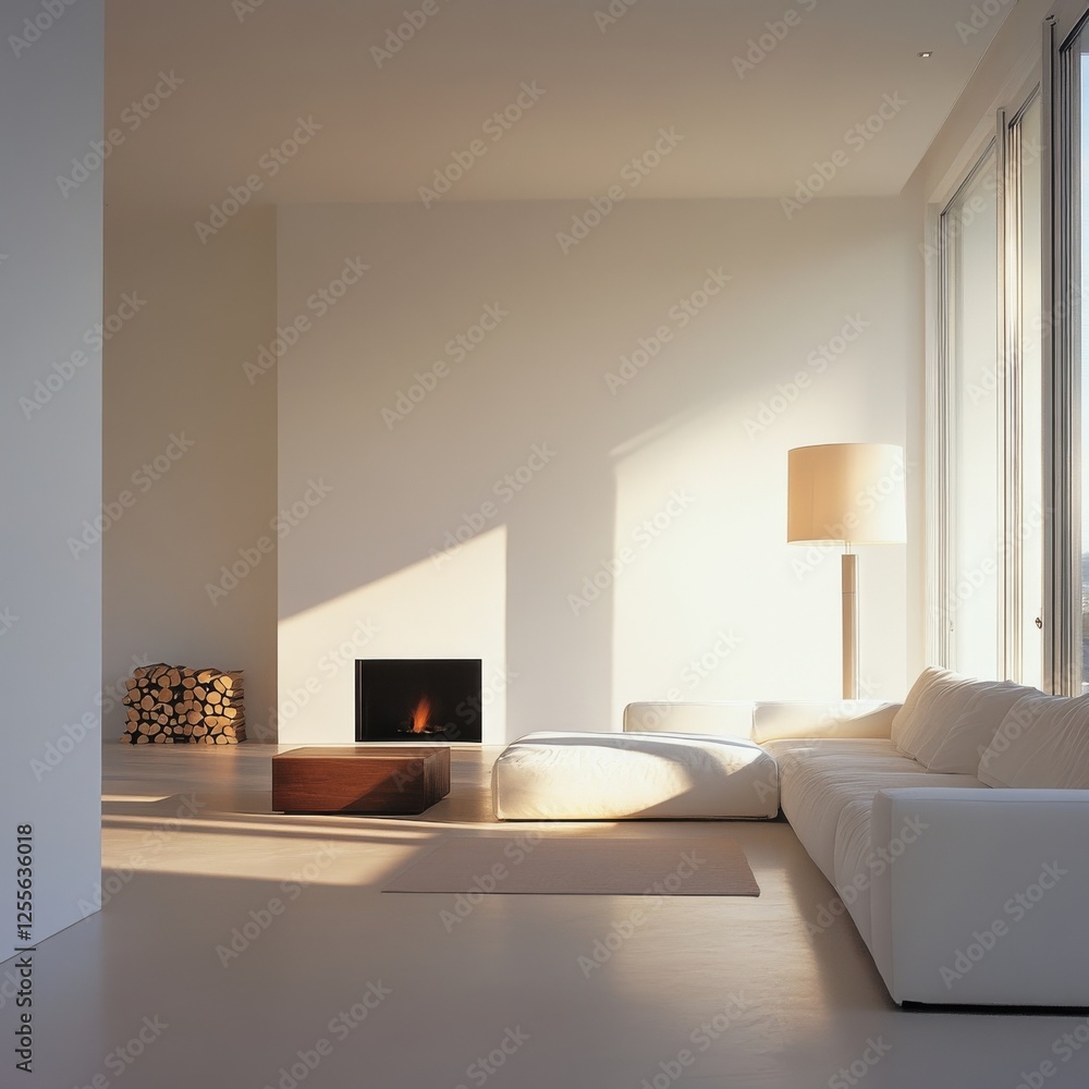 Fototapeta premium Modern minimalist living room with white sofa and fireplace