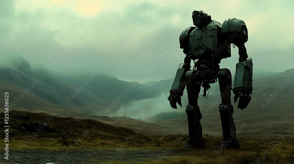 A titanic mechanical knight, abandoned in a misty valley, missing an arm. A titanic mechanical knight, abandoned in a misty valley, missing an arm.